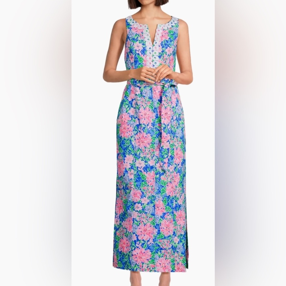 Lily Pulitzer Sz 8 Blue & Pink Sleeveless Sheath Maxi Dress with Plunge Neckline